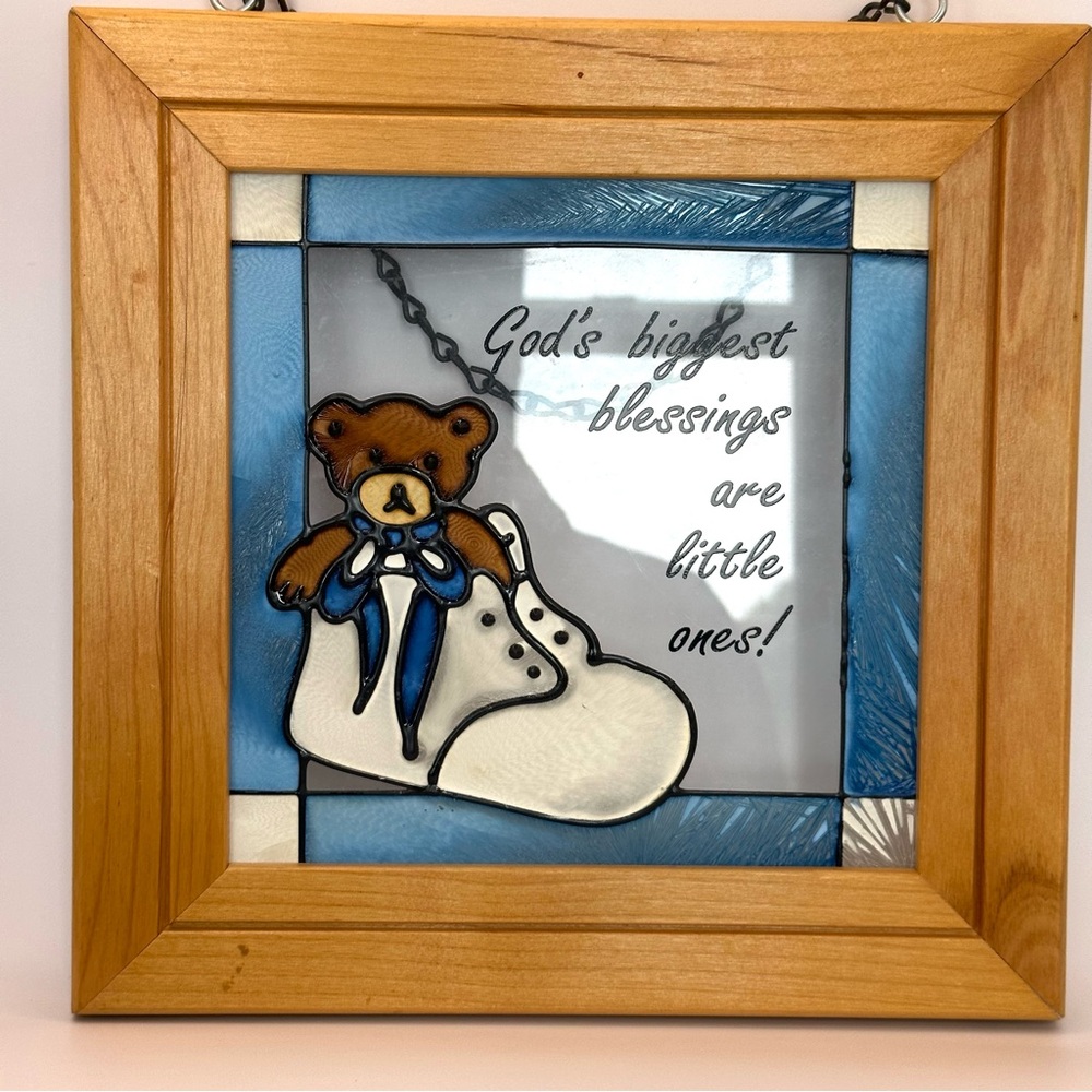 Open Windows Wood Framed Stained Glass Blue & White Suncatcher Hanging Colorado
